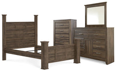 Juararo Queen Poster Bed, Dresser & Mirror Dark Brown