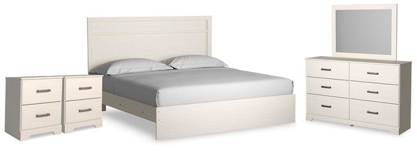 Stelsie King Panel Bed, Dresser, Mirror & Nightstand White
