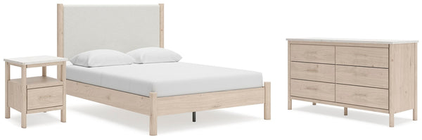 Cadmori Queen Upholstered Panel Bed, Dresser & Nightstand Two-tone