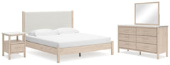 Cadmori King Upholstered Panel Bed, Dresser, Mirror & Nightstand Two-tone