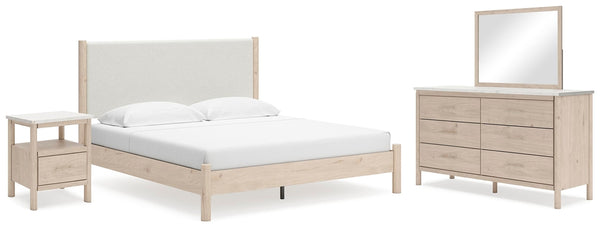 Cadmori King Upholstered Panel Bed, Dresser, Mirror & Nightstand Two-tone