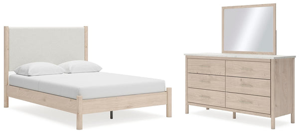 Cadmori Queen Upholstered Panel Bed, Dresser & Mirror Two-tone
