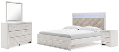 Altyra King Upholstered Panel Storage Bed, Dresser, Mirror & Nightstand White
