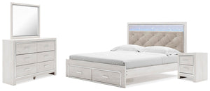 Altyra King Upholstered Panel Storage Bed, Dresser, Mirror & Nightstand White