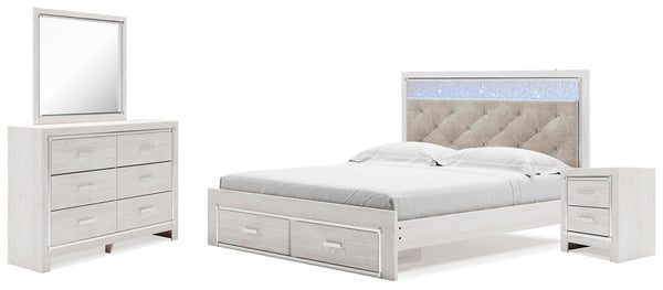 Altyra King Upholstered Panel Storage Bed, Dresser, Mirror & Nightstand White