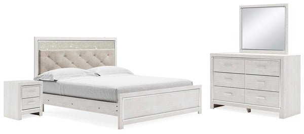Altyra King Upholstered Panel Bed, Dresser, Mirror, & Nightstand White