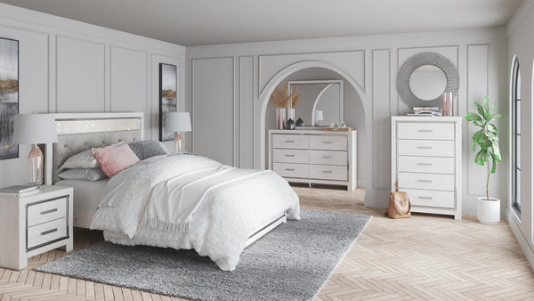 Altyra Queen Upholstered Panel Bed, Dresser, Mirror, & Chest White