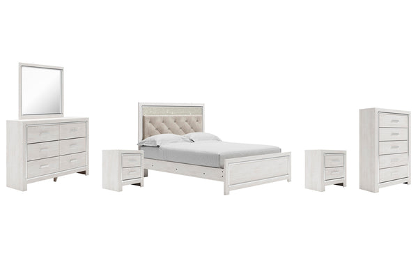 Altyra Queen Upholstered Panel Bed, Dresser, Mirror, Chest & 2 Nightstands White