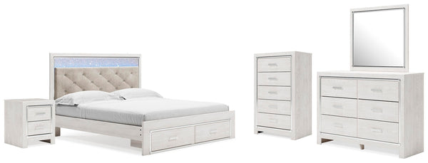 Altyra King Upholstered Storage Bed, Dresser, Mirror, Chest, & Nightstand White