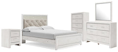 Altyra Queen Upholstered Panel Bed, Dresser, Mirror, Chest & Nightstand White