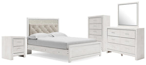 Altyra Queen Upholstered Panel Bed, Dresser, Mirror, Chest & Nightstand White