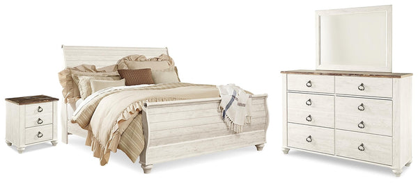 Willowton King Sleigh Bed, Dresser, Mirror & Nightstand Whitewash