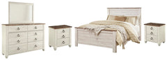 Willowton Queen Panel Bed, Dresser, Mirror & 2 Nightstands Whitewash
