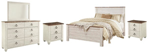 Willowton Queen Panel Bed, Dresser, Mirror & 2 Nightstands Whitewash