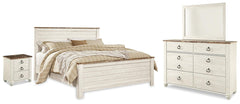 Willowton King Panel Bed, Dresser, Mirror, & Nightstand Whitewash