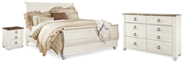 Willowton King Sleigh Bed, Dresser & Nightstand Whitewash