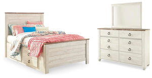 Willowton Full Panel Bed with Storage, Dresser & Mirror Whitewash