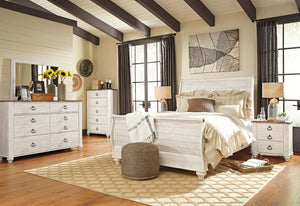 Willowton Queen Sleigh Bed, Dresser, Mirror, Chest & Nightstand Whitewash