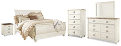 Willowton King Sleigh Bed, Dresser, Mirror, Chest & Nightstand Whitewash