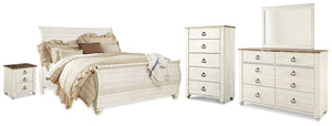 Willowton King Sleigh Bed, Dresser, Mirror, Chest & Nightstand Whitewash