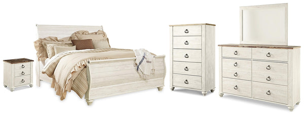 Willowton King Sleigh Bed, Dresser, Mirror, Chest & Nightstand Whitewash