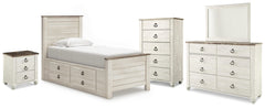 Willowton Twin Bed with Storage, Dresser, Mirror, Chest & Nightstand Whitewash