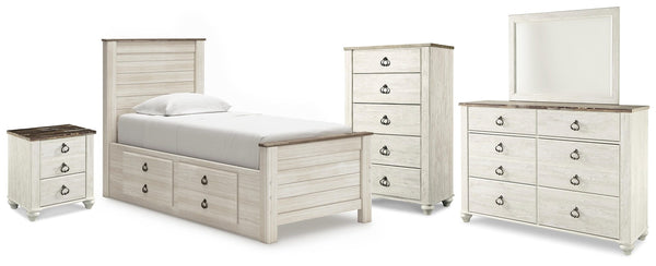 Willowton Twin Bed with Storage, Dresser, Mirror, Chest & Nightstand Whitewash