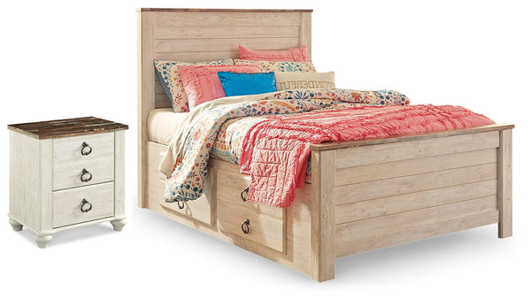 Willowton Full Panel Bed with Storage & Nightstand Whitewash