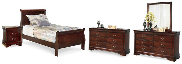Alisdair Twin Sleigh Bed, 2 Dressers, Mirror & Nightstand Reddish Brown
