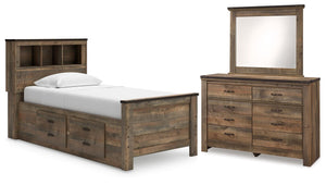 Trinell Twin Bookcase Storage Bed, Dresser & Mirror Brown