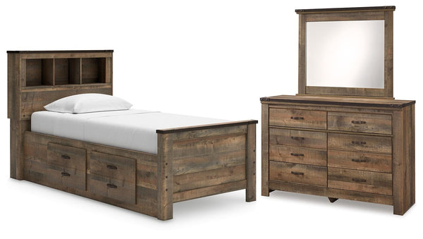 Trinell Twin Bookcase Storage Bed, Dresser & Mirror Brown