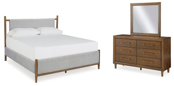 Lyncott Queen Upholstered Bed, Dresser & Mirror Brown