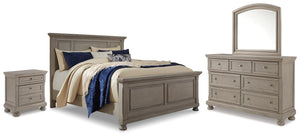Lettner King Panel Bed with Dresser, Mirror & Nightstand Light Gray