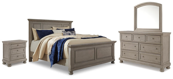 Lettner King Panel Bed with Dresser, Mirror & Nightstand Light Gray