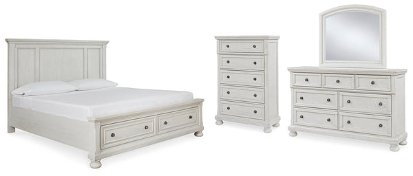 Robbinsdale Queen Panel Storage Bed, Dresser, Mirror & Chest Antique White