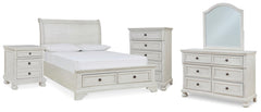 Robbinsdale Full Storage Sleigh Bed, Dresser, Mirror, Chest & Nightstand Antique White