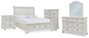 Robbinsdale Full Storage Sleigh Bed, Dresser, Mirror, Chest & Nightstand Antique White