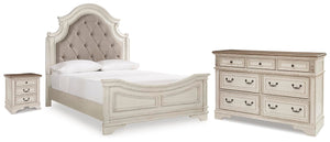 Realyn Queen Upholstered Panel Bed, Dresser & Nightstand