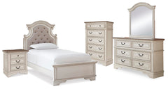 Realyn Twin Panel Bed, Dresser, Mirror, Chest & Nightstand Two-tone