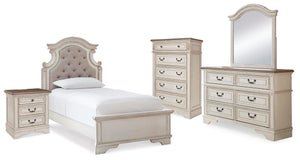 Realyn Twin Panel Bed, Dresser, Mirror, Chest & Nightstand Two-tone