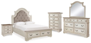 Realyn Queen Panel Bed, Dresser, Mirror, Chest & Nightstand Two-tone