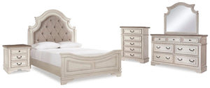 Realyn Queen Upholstered Panel Bed, Dresser, Mirror, Chest & Nightstand Two-tone