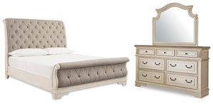 Realyn Queen Upholstered Sleigh Bed, Dresser & Mirror