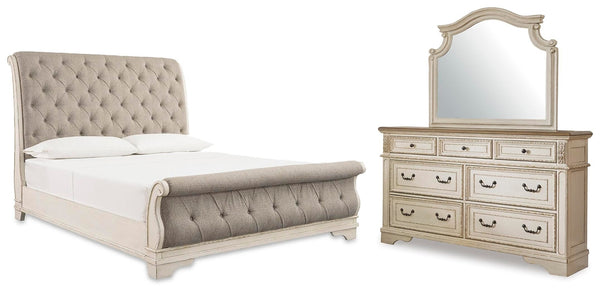 Realyn Queen Upholstered Sleigh Bed, Dresser & Mirror