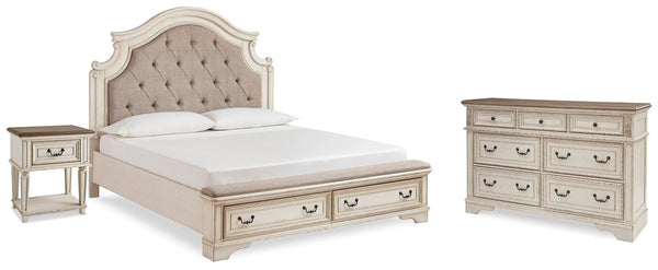 Realyn King Storage Bed, Dresser & Nightstand Two-tone