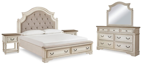 Realyn King Panel Bed, Dresser, Mirror & 2 Nightstands Two-tone