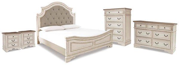 Realyn King Panel Bed, Dresser, Chest & 2 Nightstands Two-tone