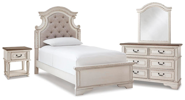 Realyn Twin Panel Bed, Dresser, Mirror & Nightstand Two-tone