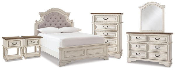 Realyn Full Upholstered Panel Bed, Dresser, Mirror, Chest & 2 Nightstands Two-tone