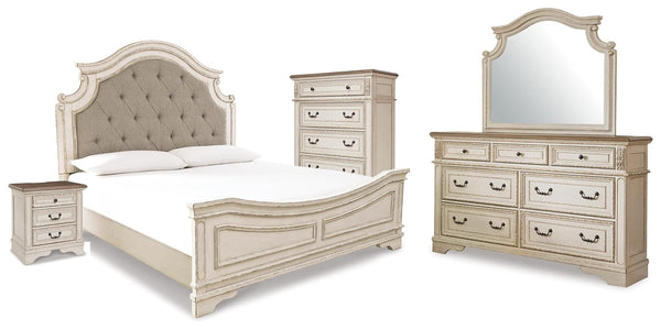 Realyn King Panel Bed, Dresser, Mirror, Chest & Nightstand
